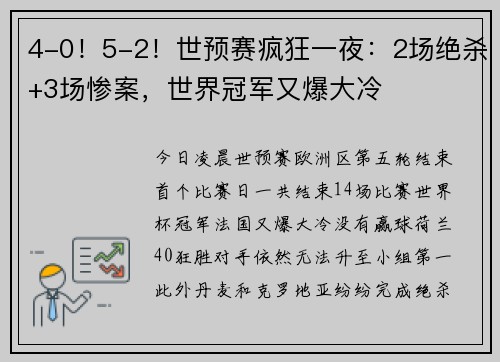 4-0！5-2！世预赛疯狂一夜：2场绝杀+3场惨案，世界冠军又爆大冷